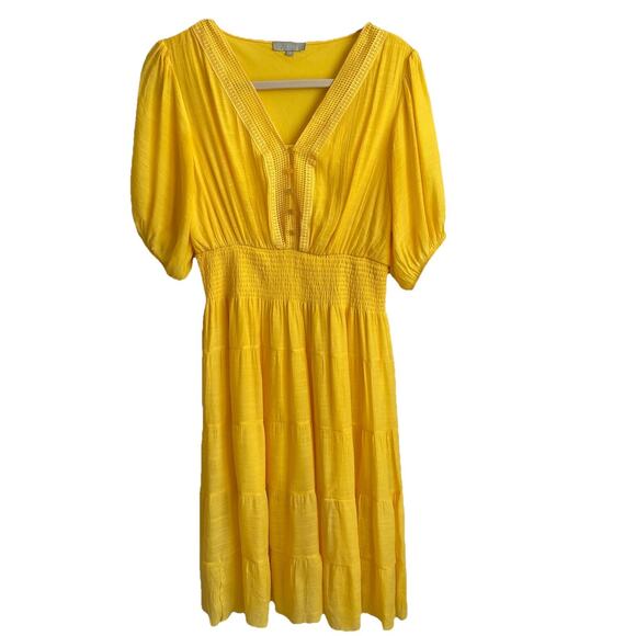 J Gee Plus Size 2X Yellow Puff Sleeves Tiered Smocked Midi Dress Resort Sundress - Picture 1 of 12